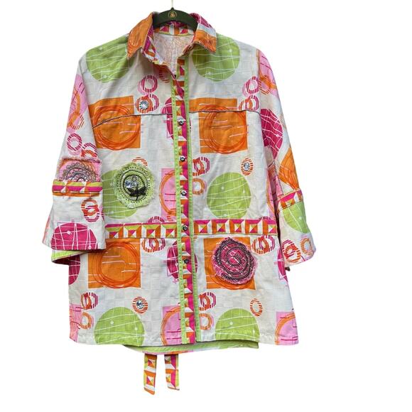 Boho Art to Wear Kimono Jacket Womens Size M/L Orange Pink Geometric Dragonfly - Picture 1 of 16